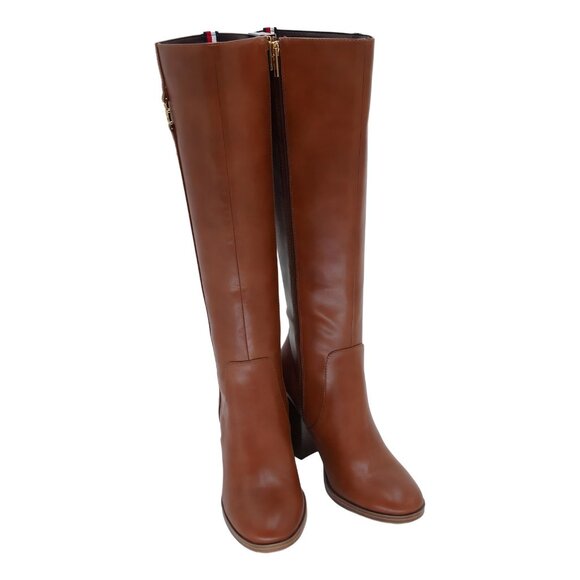 Tommy Hilfiger Ursy Tall Knee-High Block Heel Boots Cognac Brown 8.5M